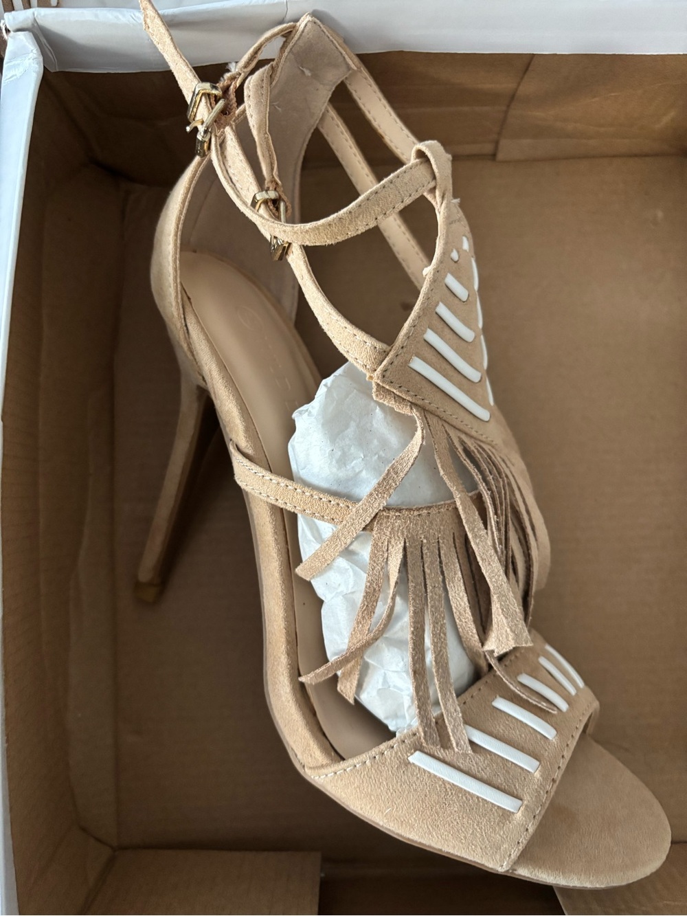 Wild Diva Tan Suede Fringe High Heel Sandals with White Accents